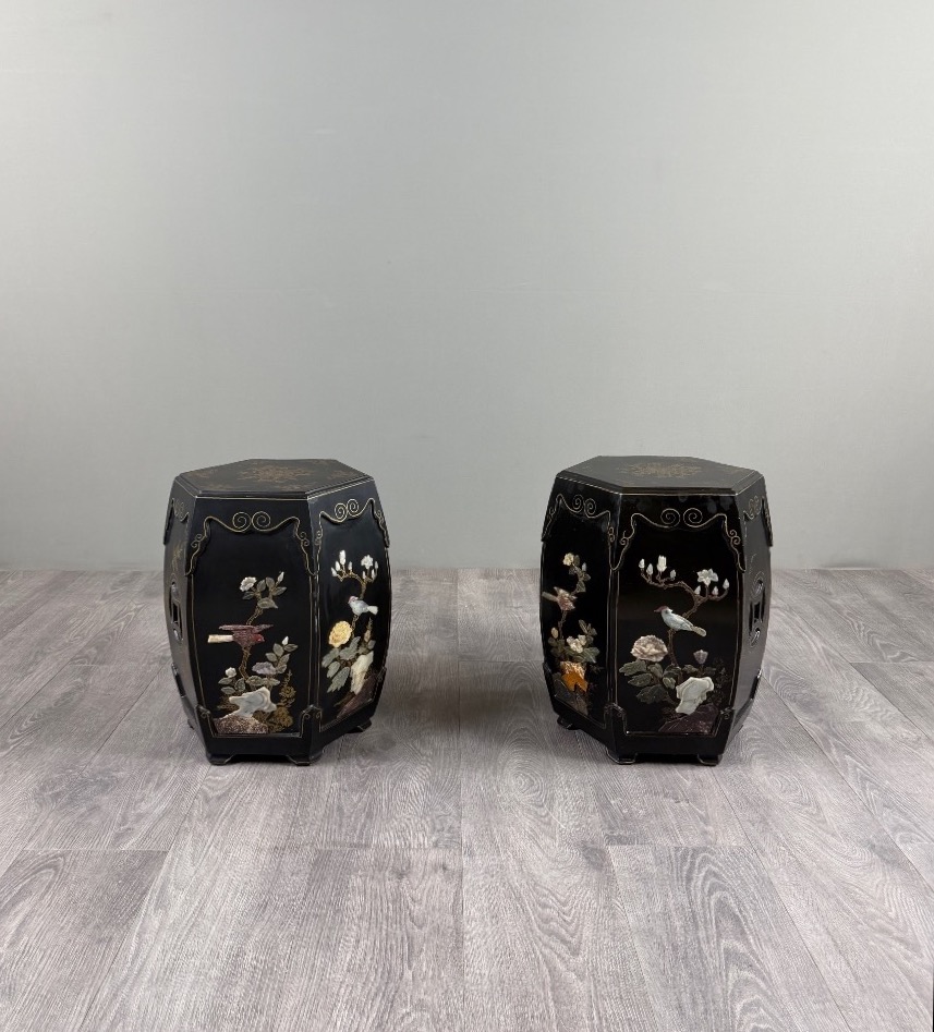 Pair Of Japanese-style Stools Made Of Black-lacquered Wood, 20th Century