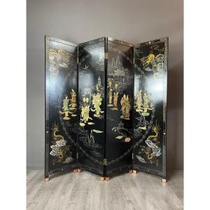 Vintage Chinese Screen Made Of Wood And Inlaid Stones 20th Century 