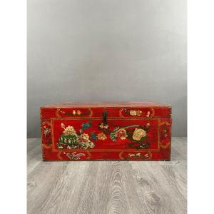 Old Hand Painted Chest, Floral Decor On A Red Background, 19th Century