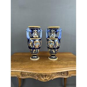 Pair Of Gien Ceramic Vases Magnificent Renaissance Decor 20th Century 