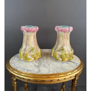 Paire De Vases Style Art Nouveau En Faïence XXe Siècle 