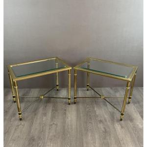 Paire De Tables D’appoint En Métal Et Verre XXe Siècle 