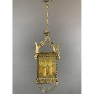 Neoclassical Lantern Pendant In Bronze And Glass With Dragons 20th Century