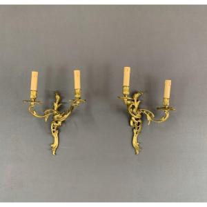 Pair Of Louis XV Style Sconces In Gilt Bronze 20th Century 