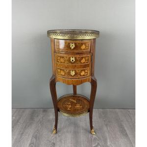Marquetry Pedestal Table With Drawers And Round Top 19th Century