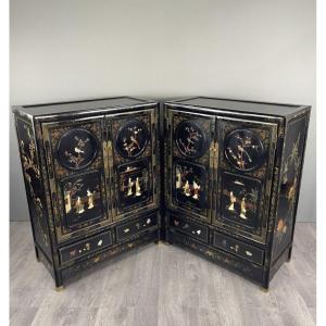 Pair Of Chinese Lacquered Cabinets With 20th Century Inlays
