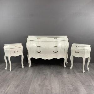 Louis XV Style Bedroom Set, Chest Of Drawers And Two Bedside Tables, 20th Century