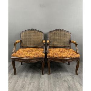 Paire De Fauteuils Cannelés En Bois Sculpté Louis XV, Fin XIXe Siècle