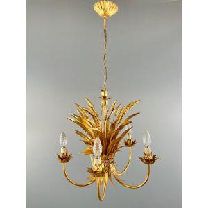 Gilded Metal Chandelier Decorated With Sheaves Of Wheat, 20th Century