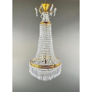 Basket Chandelier In Crystal And Gilded Bronze, Louis XVI Style, Late 19th Century