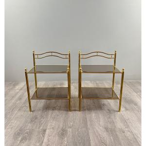 Pair Of Bedside Tables, Side Tables In Brass And Smoked Glass, 20th Century
