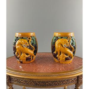 Pair Of Chinese Sancai Ceramic Garden Stools Decorated With Tigers, 20th Century