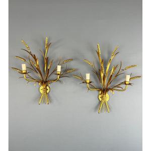 Pair Of Gilt Metal Wall Sconces, 20th Century
