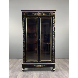 Napoleon III Display Cabinet In Black Lacquered Wood With Painted Floral Decoration, 19th Century