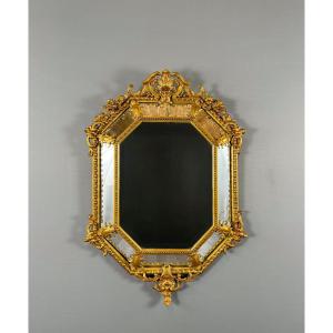 Miroir ancien octogonal en bois doré richement sculpté, style Louis XV, XIXe siècle