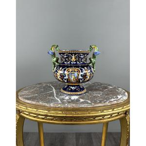 Gien Earthenware Vase With Renaissance Decoration, 20th Century