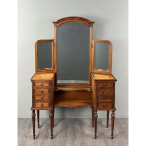 Large Dressing Table With Triptych Mirror, Louis XVI Style, 20th Century