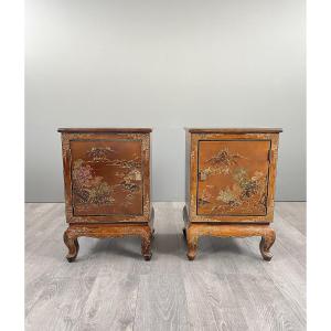 Pair Of Chinese Lacquered Bedside Tables With Landscape Decoration, 20th Century
