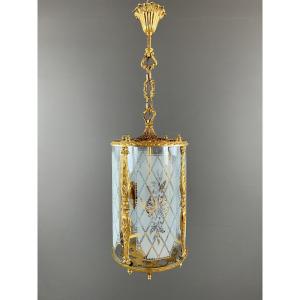 Louis XVI Style Lantern In Gilt Bronze And Engraved Glass, 20th Century