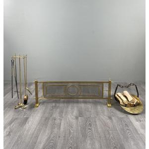 Brass Fireplace Set, Louis XVI Style, Fire Screen, Mantelpiece And Log Holder, 20th Century