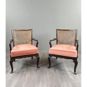 Pair Of Armchairs In Wood And Wickerwork, 20th Century