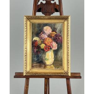 Still Life With A Bouquet Of Flowers, Oil On Canvas, French School, 20th Century