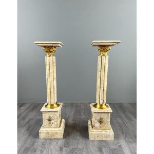 Pair Of Marble And Brass Saddle Columns, 20th Century