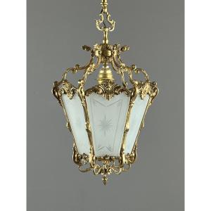 Lanterne Suspension de Style Louis XV en Bronze Doré et Verre Gravé, XXe Siècle
