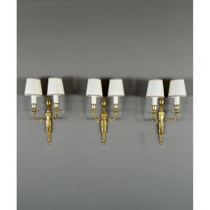 Set Of Three Louis XVI-style Wall Sconces In Gilded Bronze, 20th Century