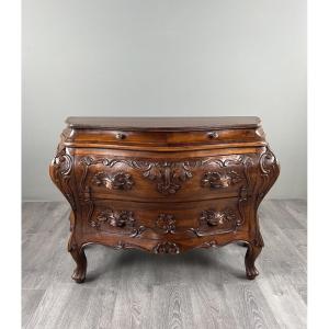Curved Louis XV-style Chest Of Drawers In Carved Wood, 19th Century