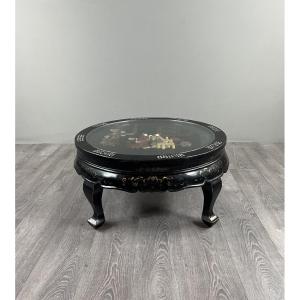 Black-lacquered Chinese Coffee Table With Hardstone Inlays Under Glass, 20th Century