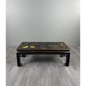 Table basse asiatique en bois laqué noir, décor peint, XXe Siècle