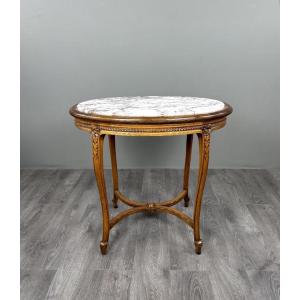 Table guéridon ovale en bois sculpté et marbre, style Louis XVI, XIX Siècle