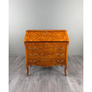 Louis XV-style Drop-leaf Secretary Desk In Veneered Wood And Marquetry, 19th Century