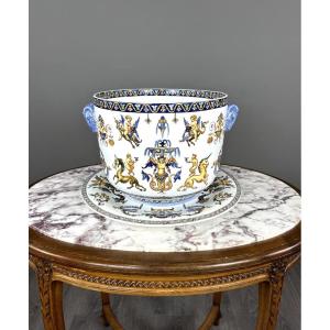 Cache-pot et son présentoir Gien, Collection Renaissance, XXe Siècle