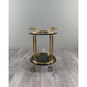 Table desserte roulante en métal doré et verre fumé, XXe siècle