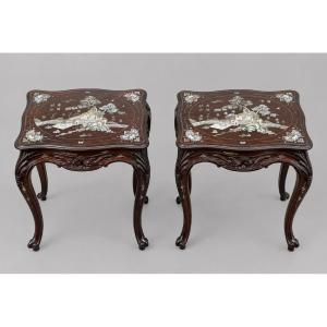 Pair Of Vietnamese Bedside Tables Made Of Carved Wood With Mother-of-pearl Inlays, 20th Century