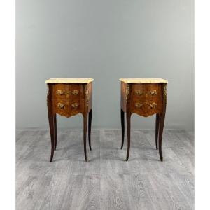 Pair Of Louis XV-style Nightstands In Marquetry And Marble, 20th Century