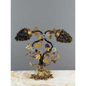 Lampe en bronze et verre polychrome, XXe Siècle