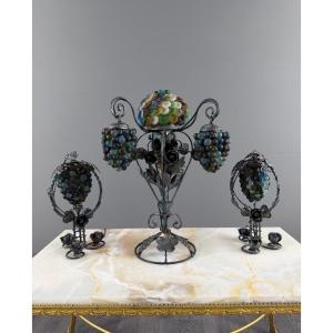 Garniture de trois lampes en bronze et verre de Murano polychrome, XXe Siècle