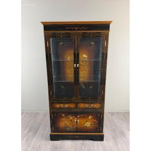 Chinese Lacquered Display Cabinet With Floral And Bird Motifs, 20th Century