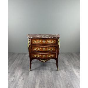 Louis XV-style Chest Of Drawers In Marquetry, Gilded Bronze, And Marble, 19th Century
