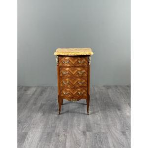 Small Louis XV-style Chest Of Drawers With Marquetry And A Marble Top, 19th Century
