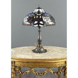 Tiffany-style Table Lamp With Polychrome Stained Glass, 20th Century
