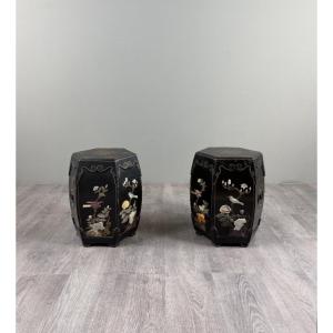 Pair Of Japanese-style Stools Made Of Black-lacquered Wood, 20th Century