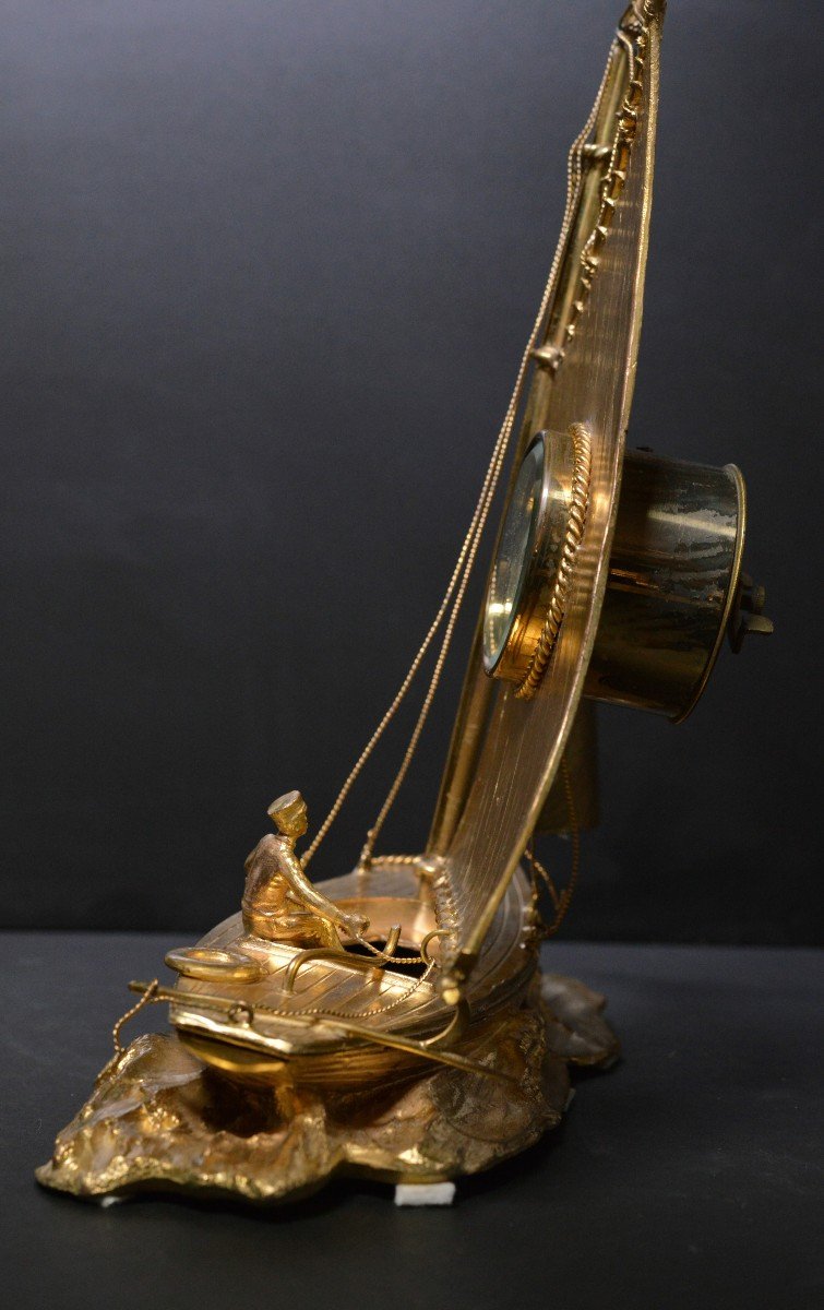 Horloge Antique Junghans Allemande Unique Voilier Marin Laiton Doré Vers 1920-photo-3