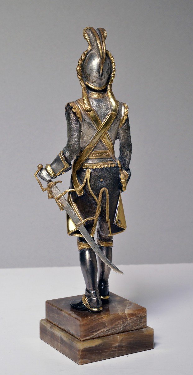 Figurine Cuirassier Of Imperial Guard Bronze Gold And Silver Plated By G. Vasari-photo-3