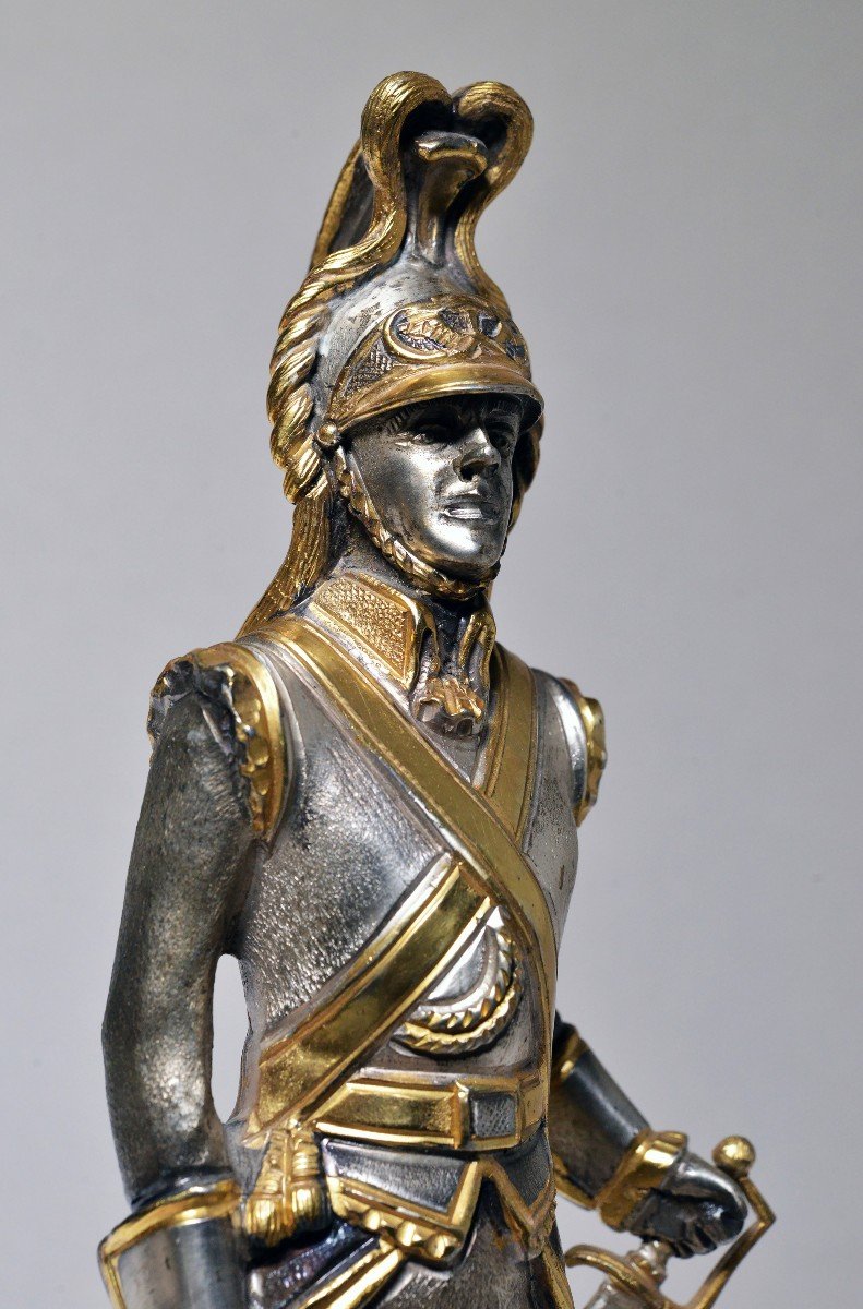 Figurine Cuirassier Of Imperial Guard Bronze Gold And Silver Plated By G. Vasari-photo-4