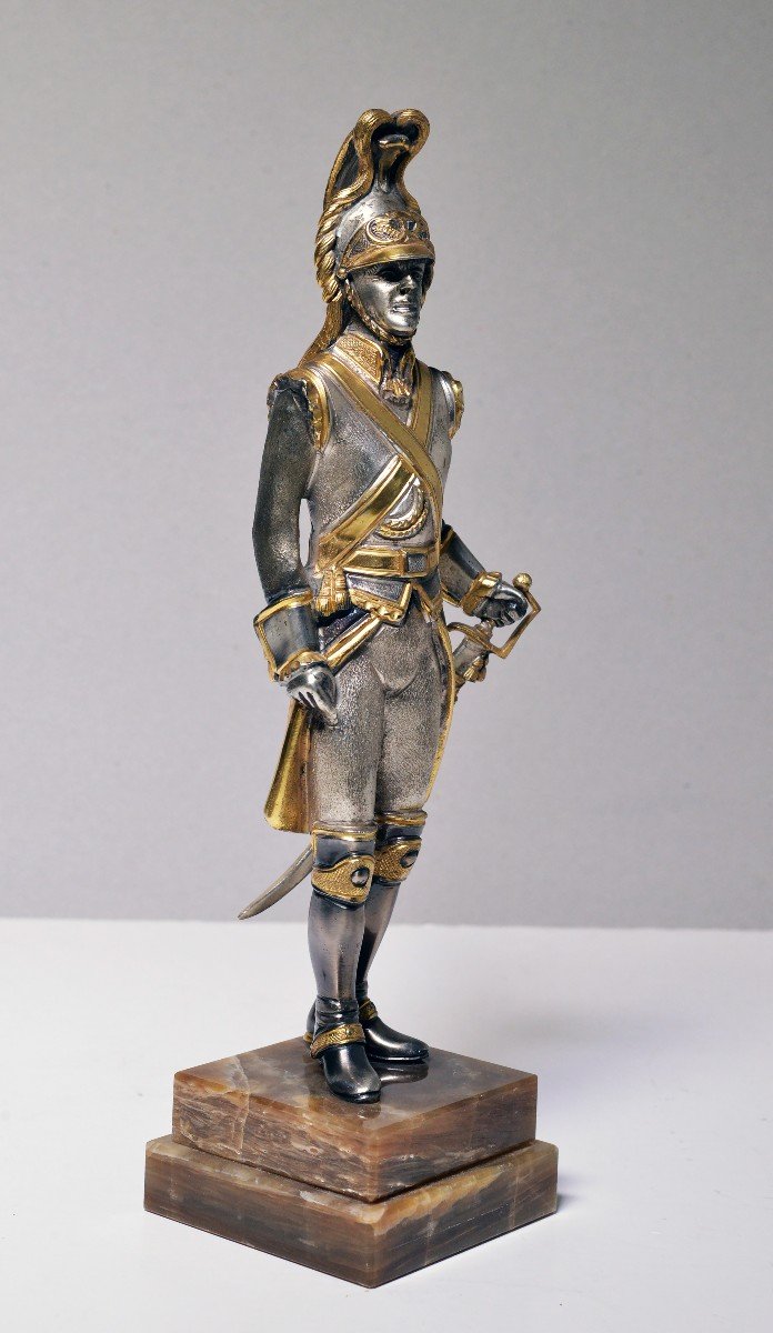 Figurine Cuirassier Of Imperial Guard Bronze Gold And Silver Plated By G. Vasari