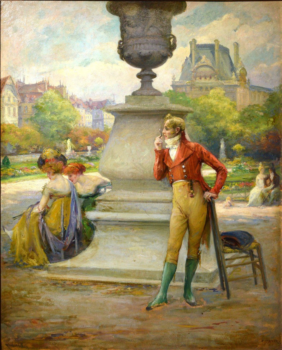 French Genre Scene In Parisian Park 19th Century Oil Painting By Emile Tabary-photo-2